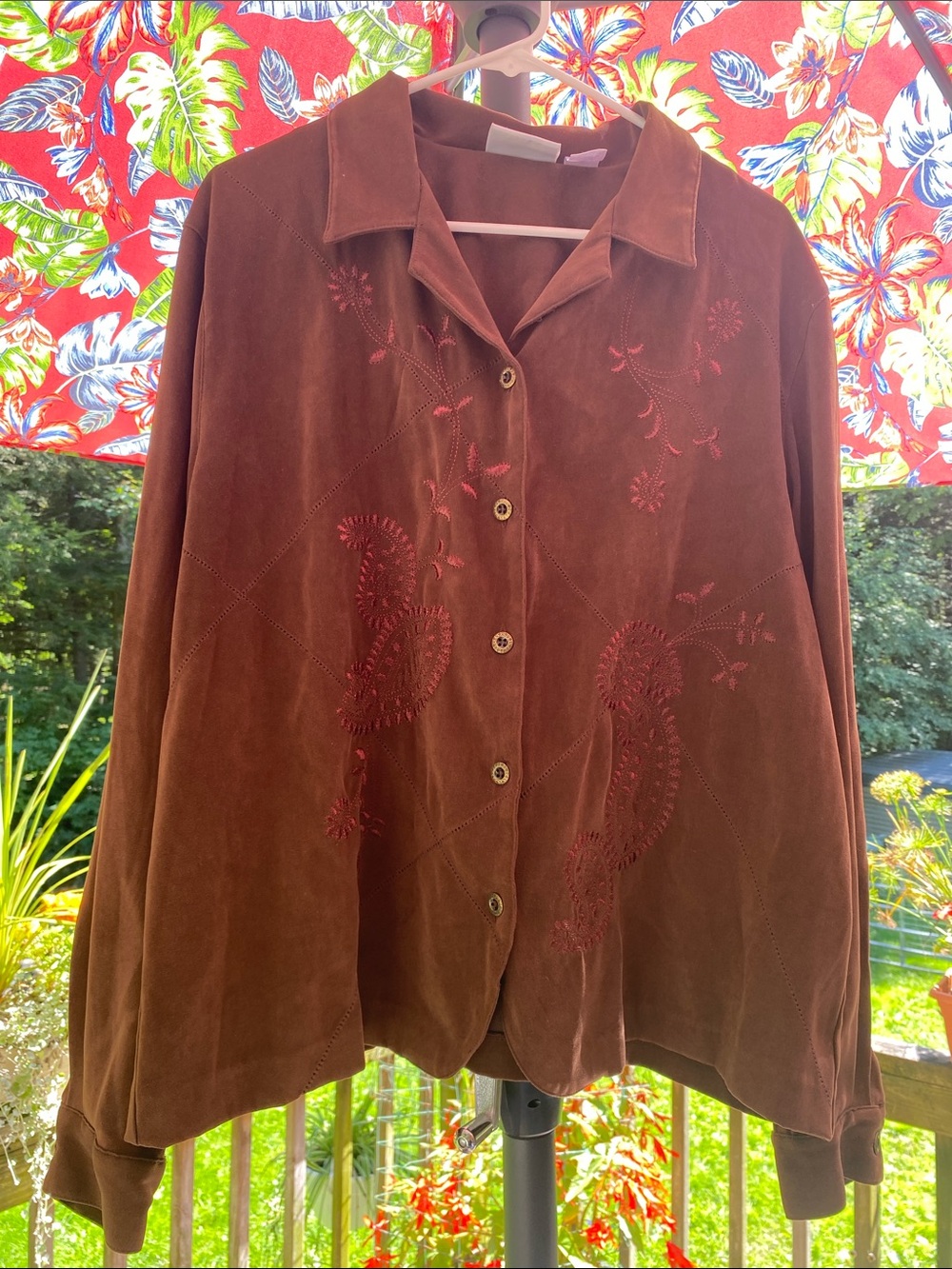 Alfred Dunner Brown Suede Button-Front Blazer with Embroidered Paisley